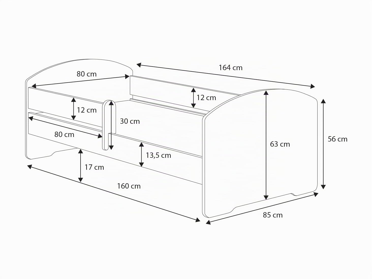 KOBI Cama para niños LUK 160x80 en un Juego con un cajón Espacioso, barandilla, colchón y Marco, para una niña y un niño, para una habitación Infantil