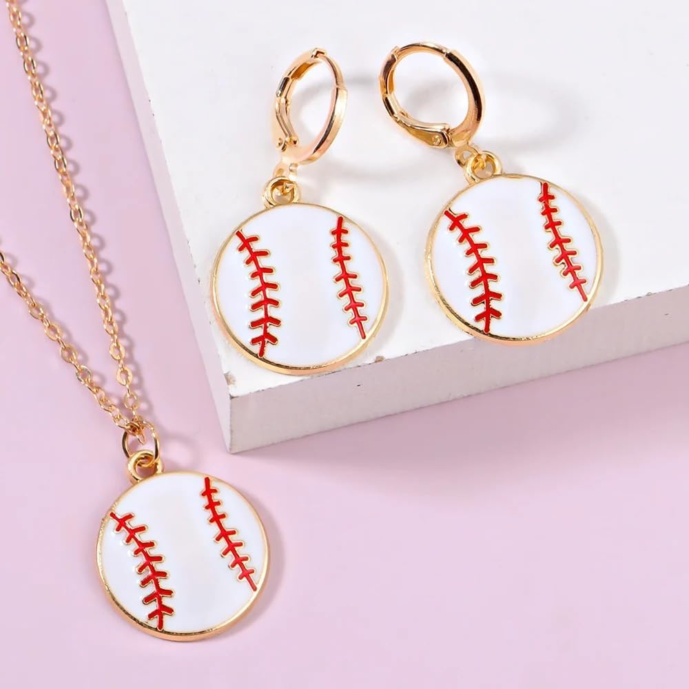 14K Yellow Gold Red Football Earrings For Women, 1 Set Sports Football Volleyball Rugby Charm Pendant Earrings Necklace, Football Jewelry, Sports Earrings For Women, Football Earrings Studs