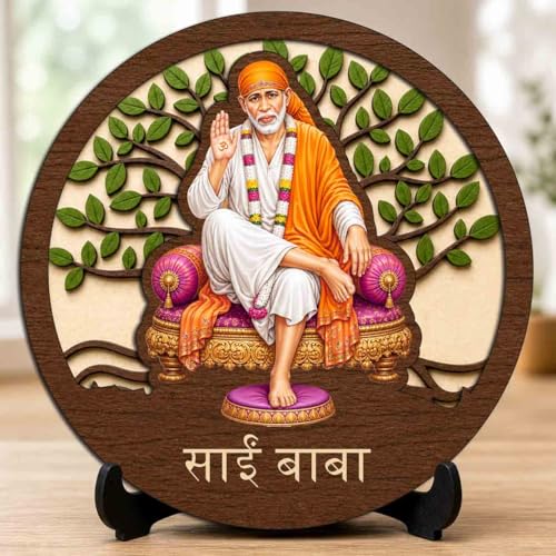 Image of Sai Baba Premium Wooden God Idol for Indoor Temple, Living Room Shelf, Work Desk & Puja Decor - 5x5 Inch