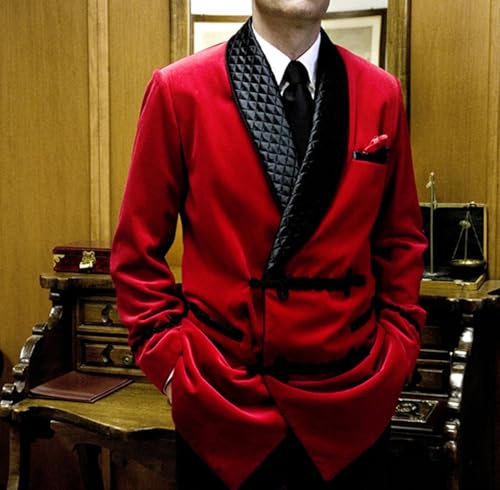 Men Smoking Jacket Red Velvet Quilted Blazer2