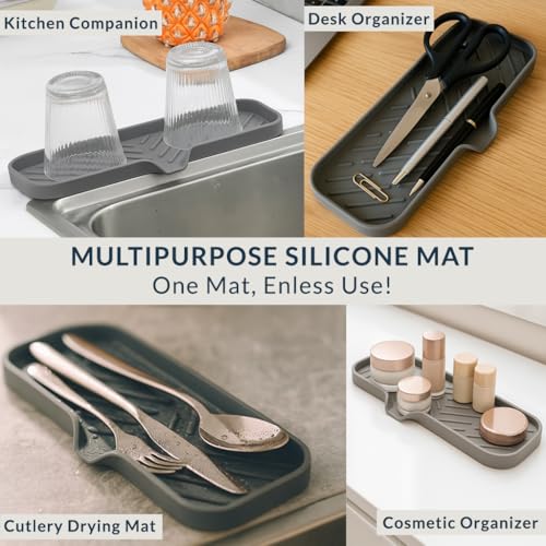 Image of HOMEZE Silicone Sink Drainer Mat 30x10 cm | Multipurpose Kitchen Sink Organizer Tray for Soap, Sponge, Brush Storage & Drying| Non-Slip, Heat-Resistant, Flexible & Easy to Clean Counter Mat