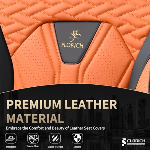 Image of FLORICH Seat Covers for Cars, Waterproof Automotive Seat Covers, Leather Car Seat Covers 2 Pack, Universal Front Seat Cushion Protector for Most Cars Trucks SUV-Black&Orange