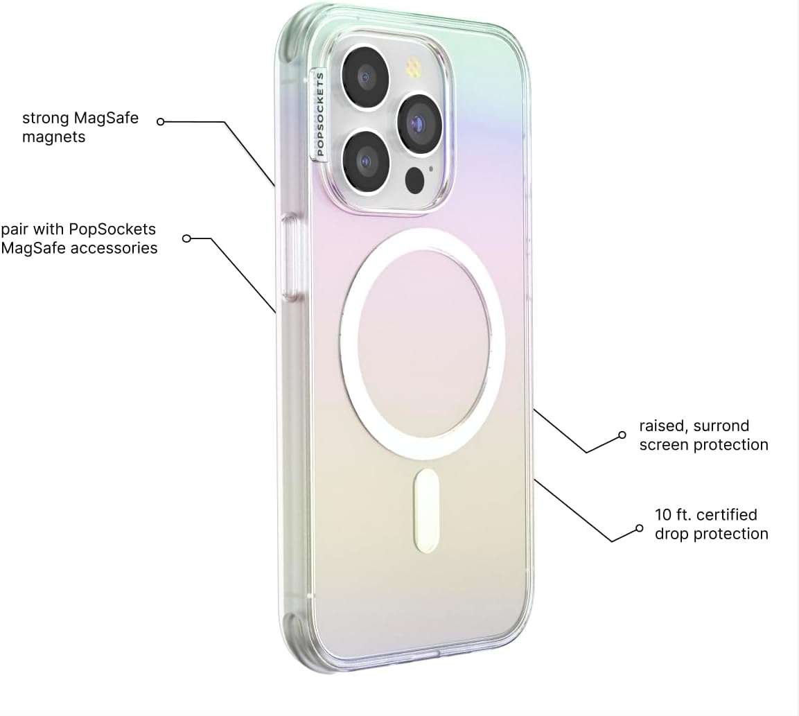 PopSockets iPhone 15 Pro Phone Case with MagSafe, Wireless Charging Compatible, Rainbow - Shimmer