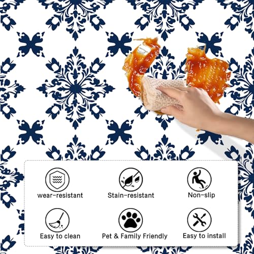 Image of Nuxovilar Peel and Stick Vinyl Floor Tiles, 11.8 inchx11.8 inch | Navy Blue Damask Pattern, 10-Pack Self-Adhesive Flooring
