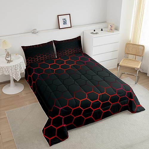 Image of Red and Black Honeycomb Comforter Full Size for Boys Girls, Geometrics Honeycomb Comforter Set Ombre Honeycomb Bedding Set Beehive Hexagon Duvet Set 3Pcs