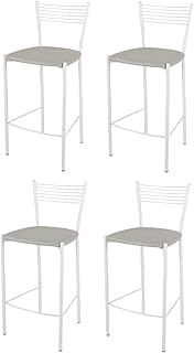 Tommychairs - Set 4 sgabelli alti modello Elegance per cucina e bar, struttura in acciaio verniciata colore bianco e seduta imbottita e rivestita in pelle artificiale colore grigio chiaro