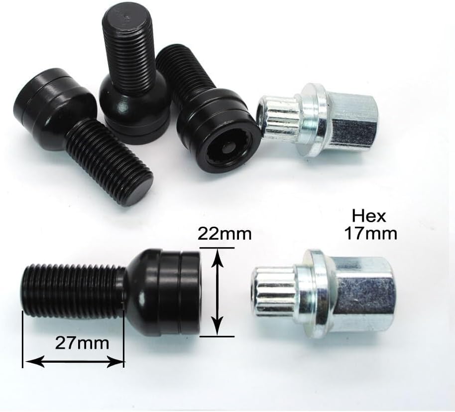 Wheel Studs Compatible with VW for Golf 6 for LAVIDA for Tiguan for CC for Passat for Polo for Beetle for J&etta M14x1.50mm 1.5 Wheel Locks Bolt Lug Nut(with Black Cap)
