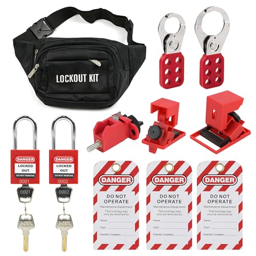 HiLKCO Lockout Tagout Kit,Lock Out Tag Out Kits Safety Electrical Devices,Padlock,Clamp On Circuit Breaker Lockout,Lockout Hasp, Multi-Pole Breaker Locks,Tags,Lockout Pocket Bag (Black Kit)