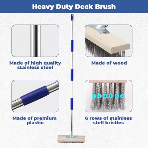 Image of Deck Brush Stainless Steel, Deck Scrub Brush with Long Handle, 75 inch Heavy Duty Wire Broom Brush for Cleaning Moss, Patio, Concrete Floor, Garden, Outdoor Stain