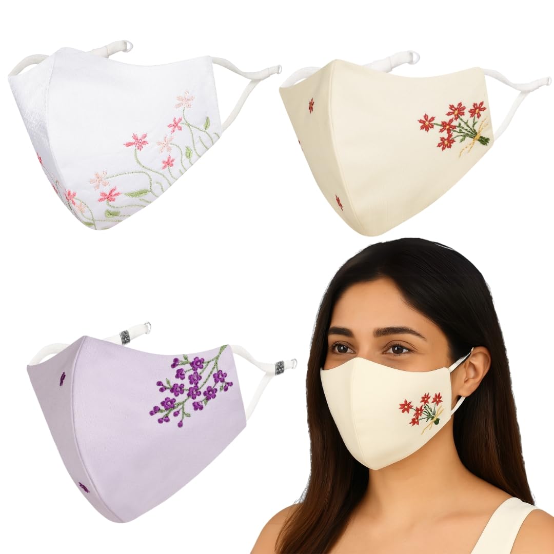 By Q-One Floral Bunch 4 Layer, Reusable, with Ear Adjusters, Anti-Bacterial (BFE>99%) Embroidered Cotton Cloth Face Mask Combo for Women, Girls (,Beige-Purple-White,Pack of 3)