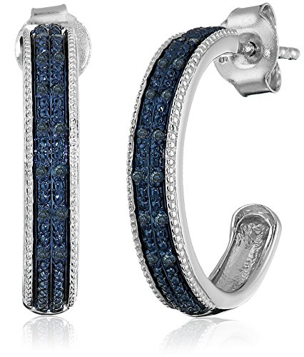 Amazon Collection Sterling Silver Blue Diamond Half Hoop Earrings (0.75")