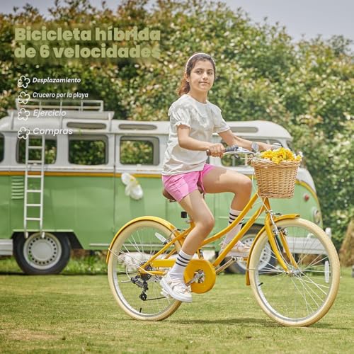 Miniatura 2 de Glerc Missy 20 Pulgadas Niña Cruiser Niños Bicicleta 6 Velocidades Teen Hybrid Bicicleta De Ciudad Para Jóvenes 6 7 8 9 10 11 12 Años Con Cesta De Mimbre Y Peso Ligero, Amarillo