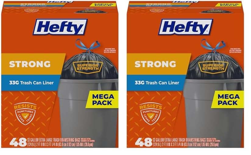 Image of Hefty Strong Large Trash Bags, 33 Gallon, 48 Count (Pack of 2), Black