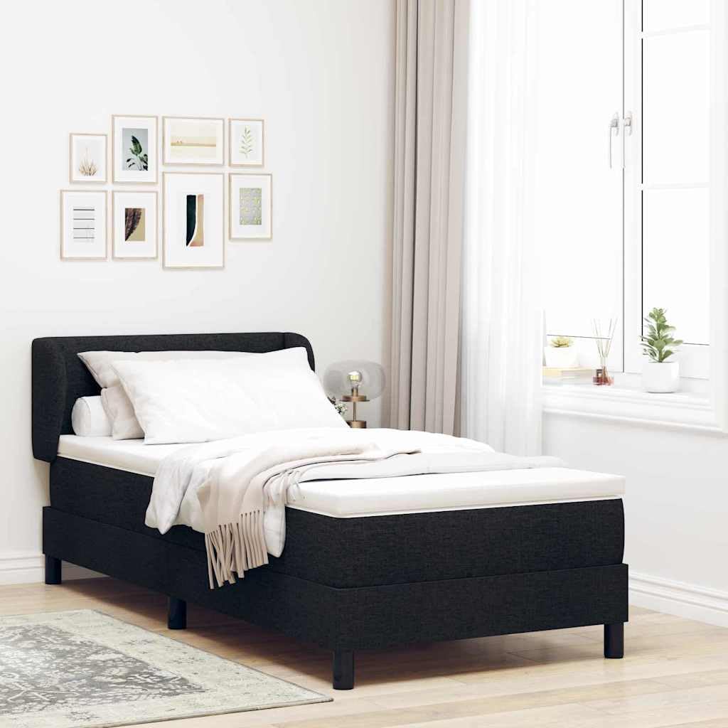 Cama con somier con colchón negro, 90 x 190 cm, tejido de tela, cabecero regulable en altura, colchón de muelles ensacados, superficie de descanso de firmeza media, madera y madera de pino