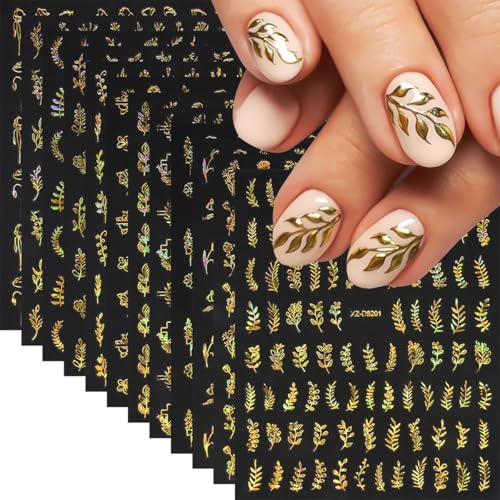 12 Sheets Gold Nail Art Stickers Leaf Nail Stickers Flower Nail Decals Self Adhesive Plant Nail Art Supplies for Women Girls DIY Manicure Nail Art Decorations