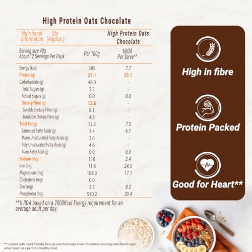 Image of Sundrop Heart High Protein Oats| 27g Protein| Zero Added Sugar| Whey Protein Added| 12.6g Fibre| 500g| Chocolate| Added Seeds, Almonds & Raisins