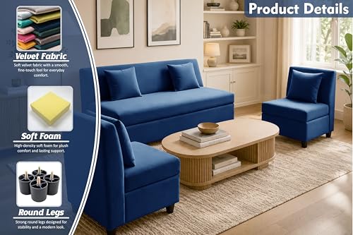 Image of 3+1+1 Modern Velvet Fabric Sofa Set for Living Room | Three Seater Sofa with 2 Single Seater Chairs | for Home, Office| Blue