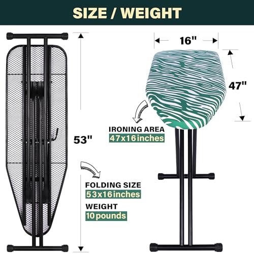 caius Ironing Board, Extra Wide Heavy Duty Full Size Ironing Board with Extra Thick Padded Cover and Heat-Resistant Silicone Pad, Height Adjustable, Easy to Fold, Full Metal Construction (47x16)