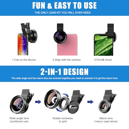 2-In-1 Universal Smartphone Kamera Set – 12.5X Makro Objektiv + 0.45x Weitwinkel Handy Objektiv, Kompatibel Mit Den Meisten Smartphones – Hochwertige Metall-Kamera-Objektive, Clip-On Design