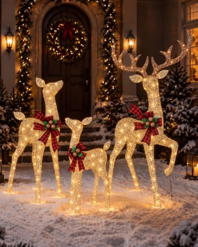 NAVINE 4.85FT 3-Piece Large Lighted Christmas Deer Family Set, Champagne