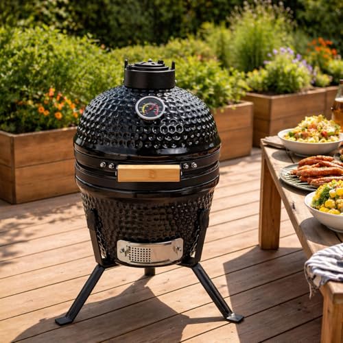 Neo Kamado - Mini barbecue en céramique de 33 cm, fumoir pour œufs et charbon, four portable et fumoir avec support