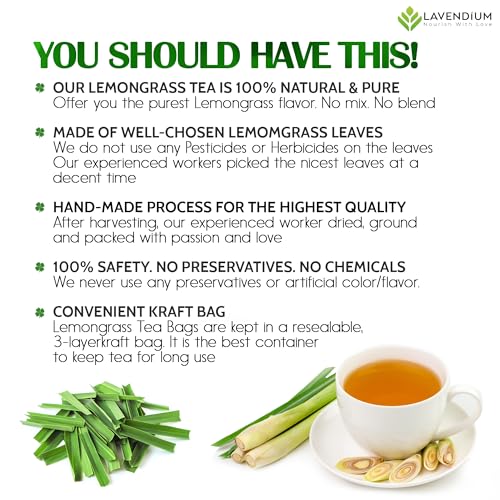 Image of Lavendium, 30 Lemongrass Tea Bags, 100% Natural & Pure Lemongrass leaves, Eco-Conscious Tea Bags, Lemongrass Herbal Tea. Lemongrass Leaf Tea. No Sugar, No Caffeine, No Gluten, Vegan.