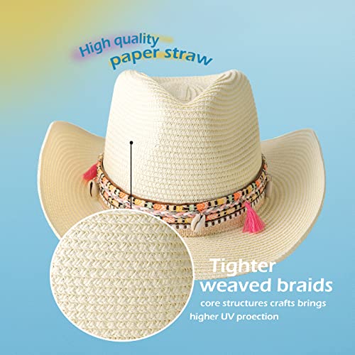 Gossifan Women's Woven Straw Cowboy Hat W/Beaded Trim Band Hat Beach Holiday Sun Hats-Cream White #TOP1