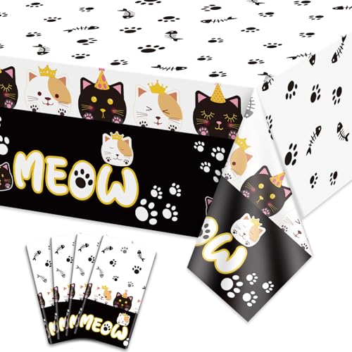 Lot de 4 nappes rectangulaires pour fête d'anniversaire avec motif chat – 130 x 210 cm – Décorations de table d'anniversaire pour chaton