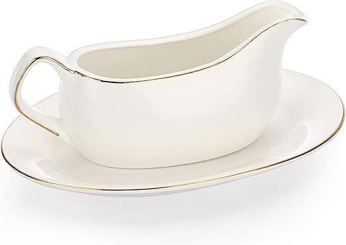 Bote de salsa de cerámica blanca de 17 onzas con bandeja, jarra de platillo de porcelana con decoración de borde dorado para Acción de Gracias,