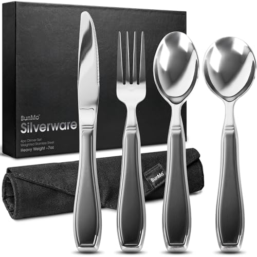 Comparison: Best Weighted Silverware For Tremors 7 BUNMO Weighted Utensils for Hand Tremors – 4pc Adaptive Utensils for Elderly, Persons w/weak hands – Discreet Travel Wrap, Stainless Steel & Dishwasher Safe – Weighted Silverware Set