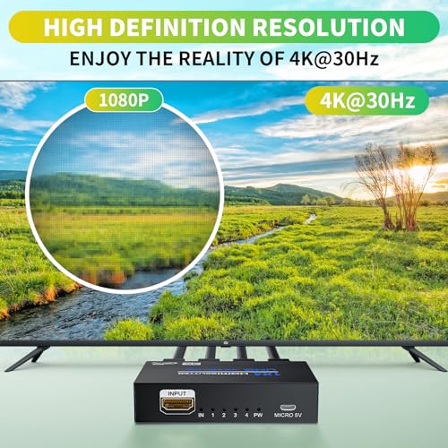 Image of BolAAzuL 1x4 HDMI Splitter 4K 1 in 4 Out HDMI Splitter' Hub Audio Video Distributor Box 4 Way HDMI Duplicator Adapter with Power for 4 Monitors Mirror Display Multi-Screen for TV PS3 PC DVD Projector
