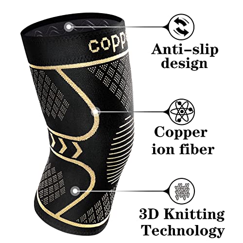 Copper Knee Braces for Men and Women - 2 Pack Knee Compression Sleeves for Pain Relief and Support