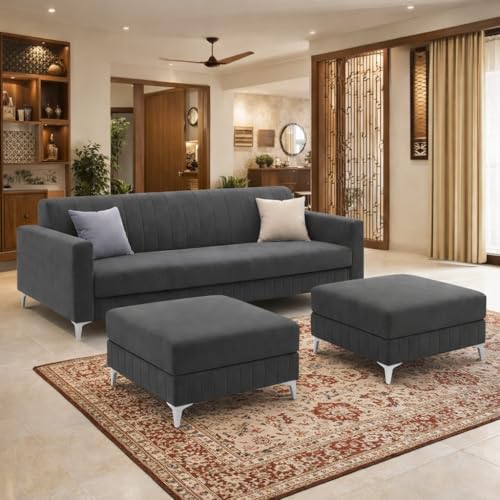 Image of Amelia 5 Seater L Shape Sofa Set with 2 Movable Ottomans | Flexible Layout | Rich Velvet Suede Fabric | Silver Legs | Spacious Seating | Modern Sofa for Living Room (Dark Grey)
