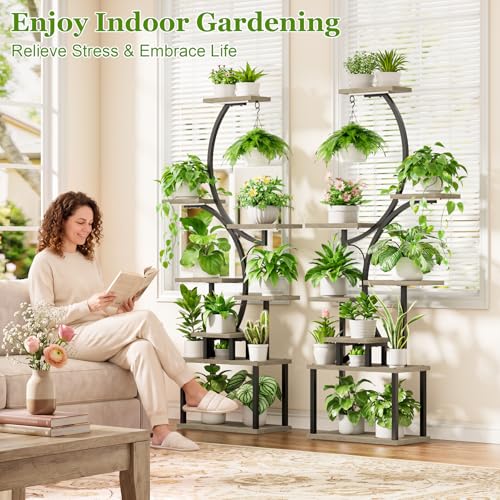 Image of BACEKOLL Plant Stand Indoor with Grow Light - 2 Pack Tall Indoor Plant Shelf, 62 inch Corner Plant Holder, 8 Tiered Large S-Shape Flower Multiple Display Shelf for Home, Grey