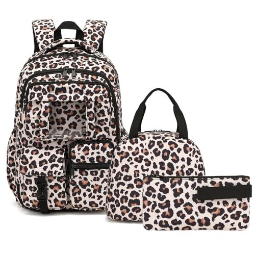 Xunteny Mochila Escolar Feminina, Conjunto de 3 Peças, para Ensino Fundamental E Médio, com Lancheira E Estojo (Estampa de Leopardo).