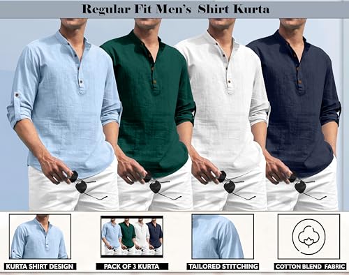 Image of Zombom Combo of Men's Solid Cotton Polyester Blend Full Sleeve Mandarin /Chinese Collor Straight Kurta Shirt (Pack of 4)
