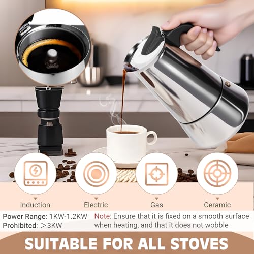 Image of Moka Pot, 9 Cups (15.9 oz) Stovetop Espresso Maker, 304 Stainless Steel Moka Pot, Induction Compatible, Silver