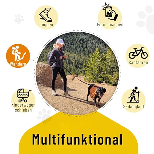 Hundefreund Joggingleine für große Hunde ab 15 kg | Elastische Freihandleine mit leichtem Bauchgurt | Abnehmbare Hundeleine mit 2 weichen Schlaufen | Orange Laufleine (120 cm, dehnbar bis 170 cm)