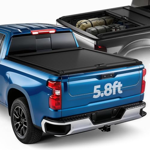 Auto Dynasty Retractable Hard Truck Bed Tonneau Cover Compatible with 2014-2026 Chevrolet Silverado GMC Sierra 1500 5.8Ft Bed, No-Drill Clamp-On Installation, Powdercoated Black