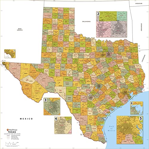Texas Map Store Zip Code and County Map - Shows All 254 Counties of Texas and Over 1900 Zip Codes - Includes Inset Maps of Major Metropolitan Areas (Laminated, 42inch x 42inch)