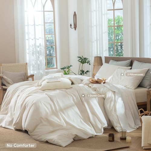 Image of MooMee Striped Duvet Cover Set 100% Washed Cotton Linen Like | Relaxed Linen-like Texture. Soft, Breathable & Long-lasting Comfort. Lightweight. Hidden Zipper with 8 Interior Corner Ties