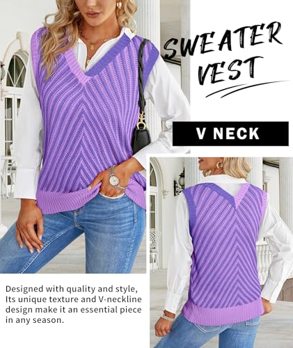 Image of MARZXIN Women Sleeveless Sweater V Neck Casual 2026 Fall Knitted Chevron V Neck Sweater Vest Color Block Pullover Sweater Top