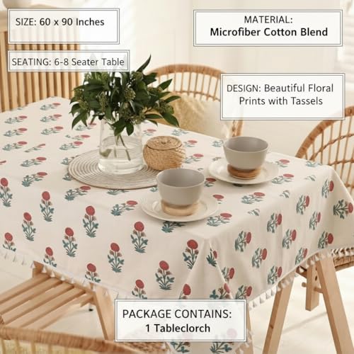 Image of RRC Microfiber Cotton Dining Table Cover 60 x 90 Inch for 6 Seater, Pack of 1 Rectangular Printed Table Cloth with Tassels, Washable Centre Table Cover, Durable & Fade Resistant