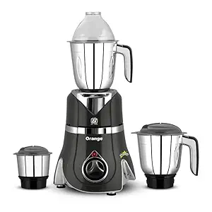 Orange 750 Watt Mixer Grinder Crown | 100% Copper With Heavy Duty Motor | 3 virgin & unbrakable SS Coil Jars(1 Wet,1 Dry & 1 Chutney Jar) Stainless Steel Blades | 2 Year Motor Warranty | Black Color