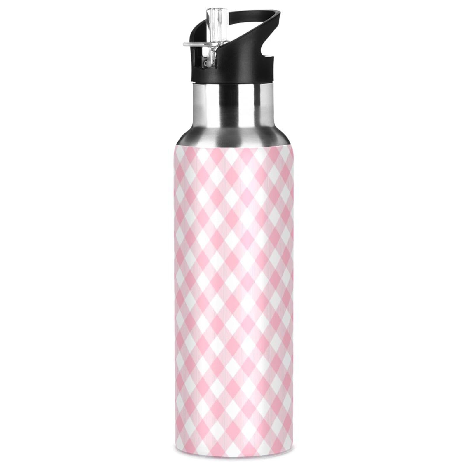ATTX Pink Gingham Water Bottle with Straw, 32OZ Sports Water Bottle BPA Free Stainless Steel Water Jugs for Gym,Working, Outdoor#567