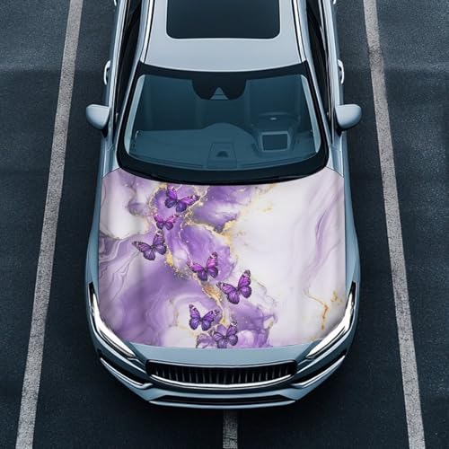 Image of Car Hood Cover,Marble Purple Butterfly Car Bonnet Banner, Universal Fit, Stretchable, Waterproof Automotive Hood Covers