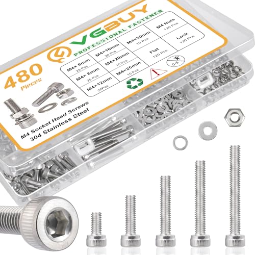 VGBUY 480pcs M4 Screws Assortment, M4 Screws (7 Sizes 6-30mm) for 3D Printer DIY, Hex Socket Head Cap Screw Bolts Nuts Washer Kit, 304 Stainless Steel, 6/8/12/16/20/25/30mm