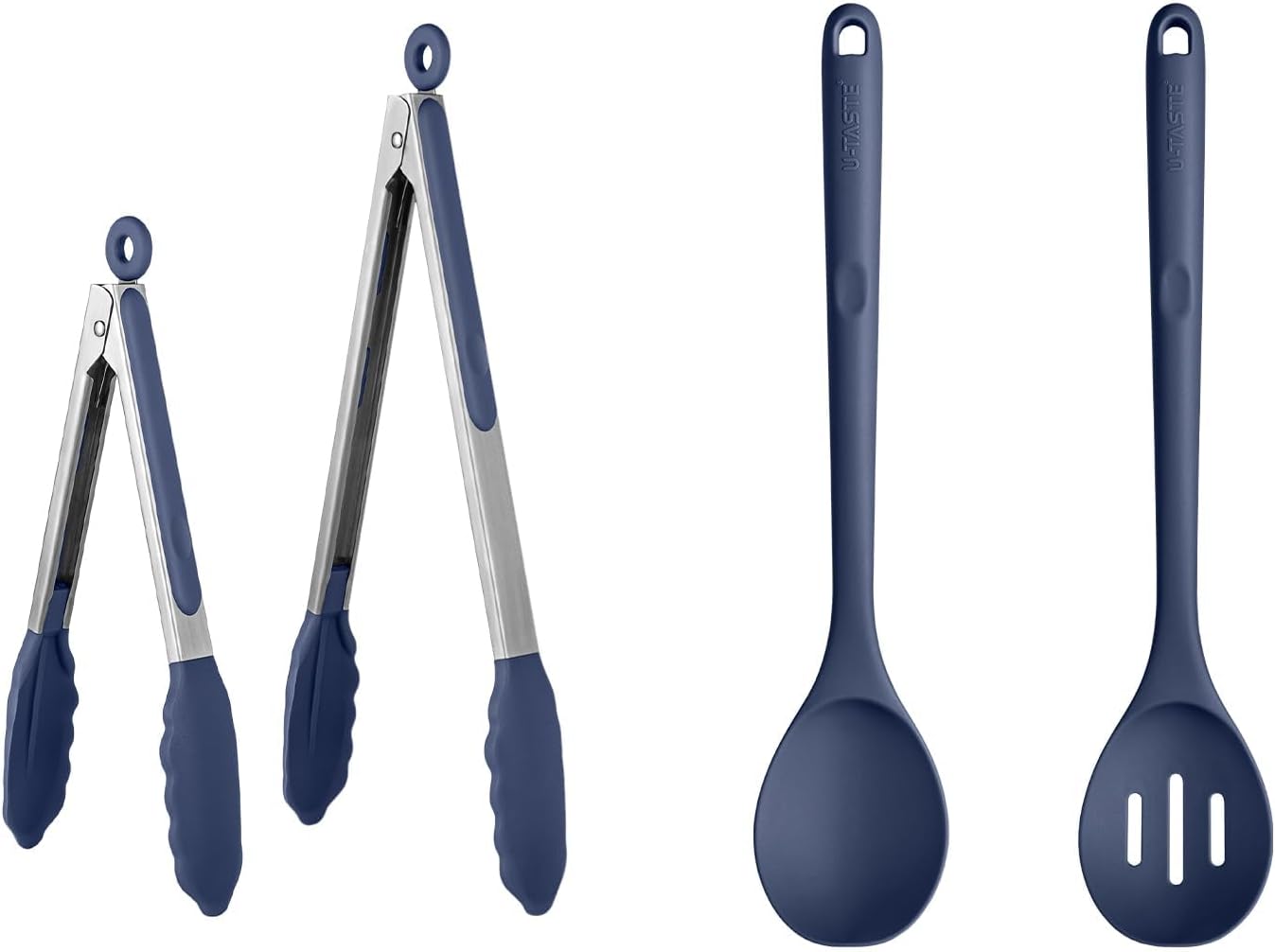 U-Taste 600℉ Heat Resistant BPA Free Non Stick Firm Cooking Tongs (Set of 2), and 600℉ Heat Proof Long Non-Scratch Silicone Solid & Slotted Cooking Spoon for Mixing (Set of 2), Midnight Blue