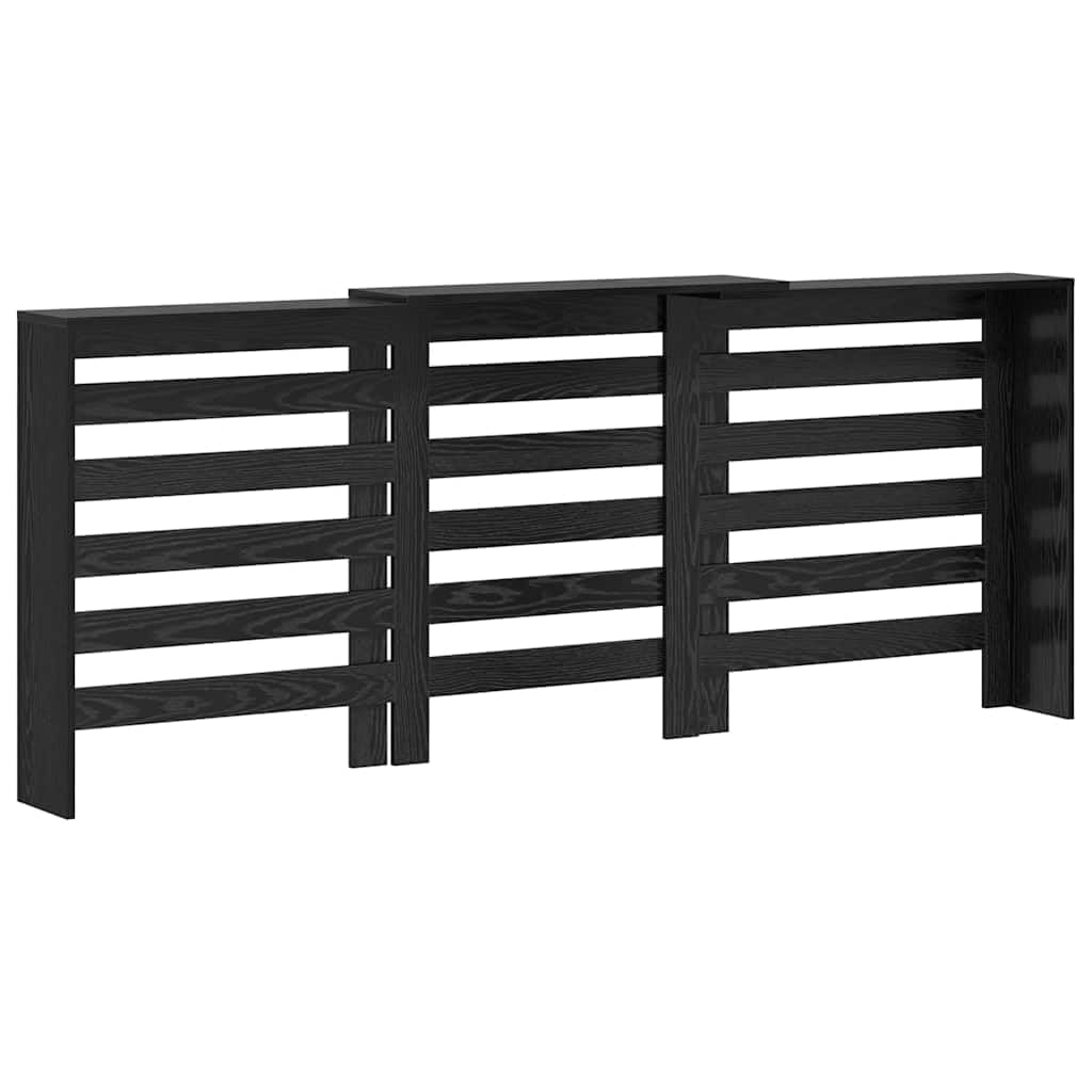 Heizkörperabdeckung Schwarz Eichen-Optik aus Holzwerkstoff 205 x 21,5 x 83,5 cm, mit Regalfach und vertikalen Latten für effizienten Wärmefluss im Wohnzimmer