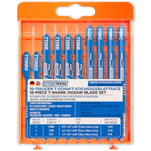 EffektWerk Jeu de 10 lames de scie sauteuse en carbure robuste avec étui de rangement, lames de scie à tige en T pour le bois